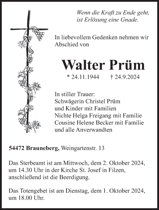 Traueranzeige von Walter Prüm von trierischer_volksfreund