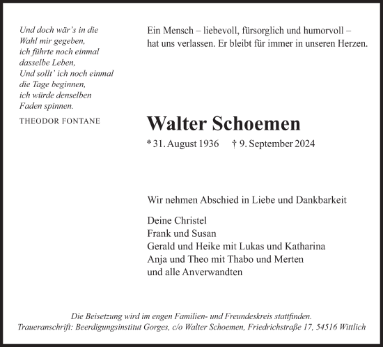 Traueranzeige von Walter Schoemen von trierischer_volksfreund