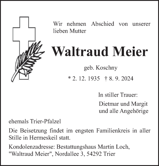 Traueranzeige von Waltraud Meier von trierischer_volksfreund