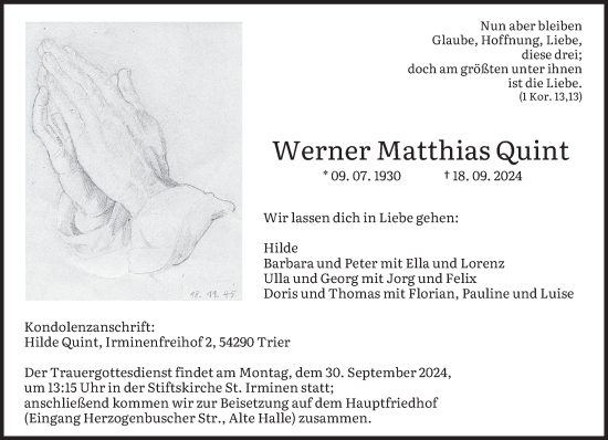 Traueranzeige von Werner Matthias Quint von trierischer_volksfreund