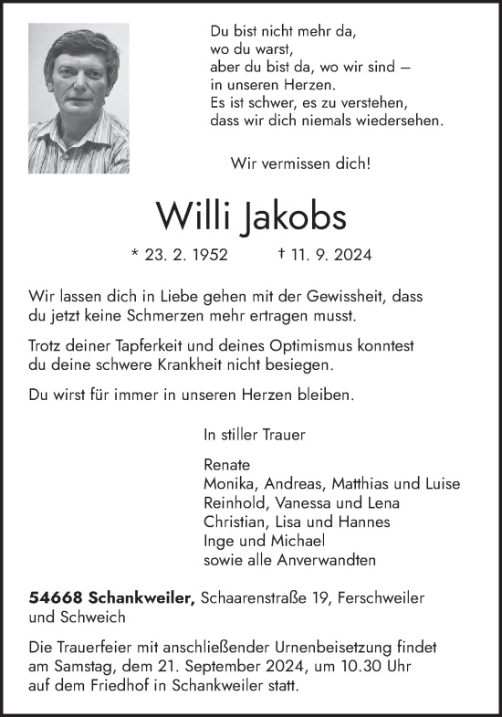 Traueranzeige von Willi Jakobs von trierischer_volksfreund