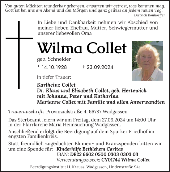 Traueranzeige von Wilma Collet von trierischer_volksfreund