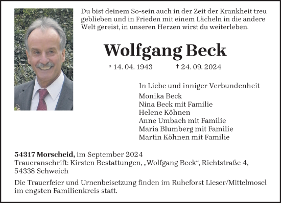 Traueranzeige von Wolfgang Beck von trierischer_volksfreund