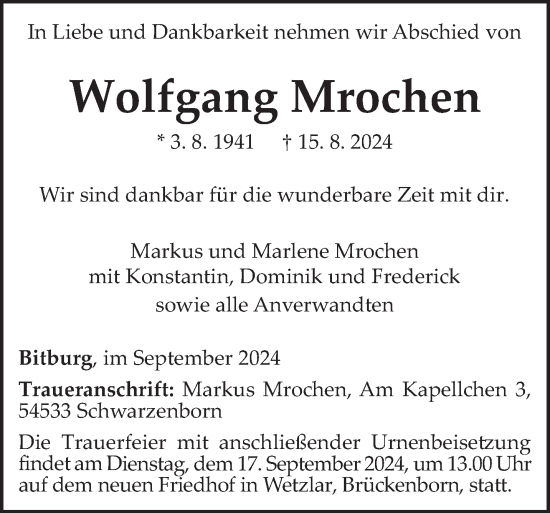 Traueranzeige von Wolfgang Mrochen von trierischer_volksfreund