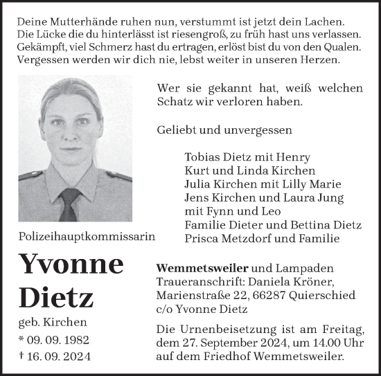 Traueranzeige von Yvonne Dietz von trierischer_volksfreund