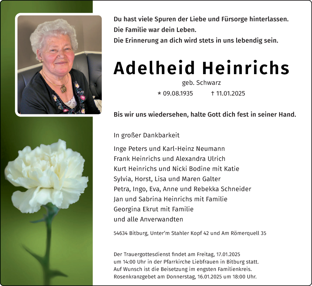  Traueranzeige für Adelheid Heinrichs vom 15.01.2025 aus trierischer_volksfreund