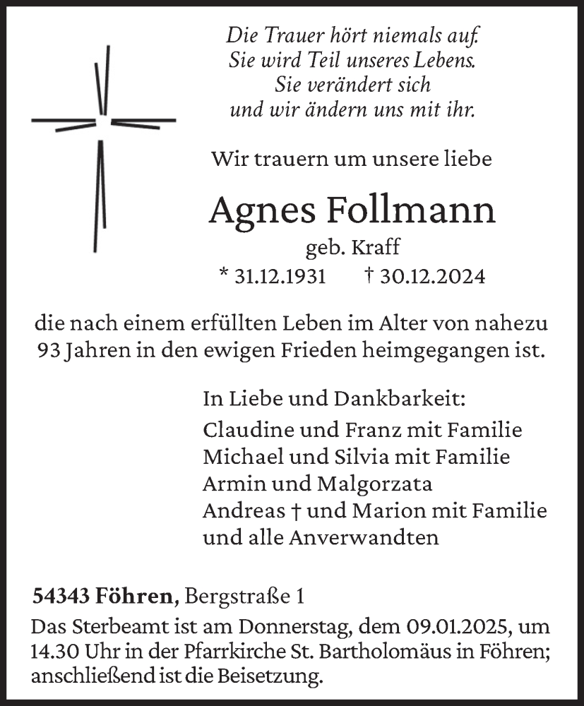  Traueranzeige für Agnes Follmann vom 04.01.2025 aus trierischer_volksfreund