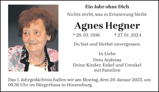 Traueranzeige von Agnes Hegner von trierischer_volksfreund