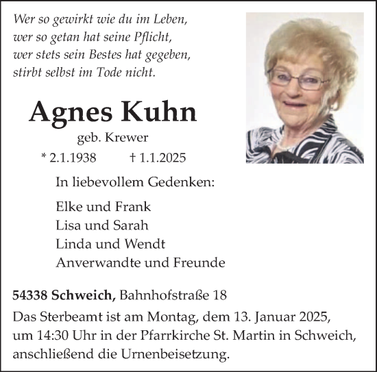 Traueranzeige von Agnes Kuhn von trierischer_volksfreund