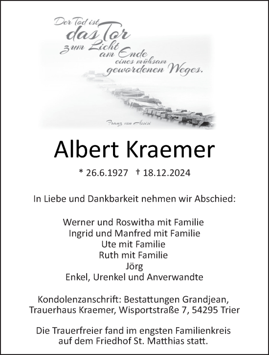 Traueranzeige von Albert Kraemer von trierischer_volksfreund