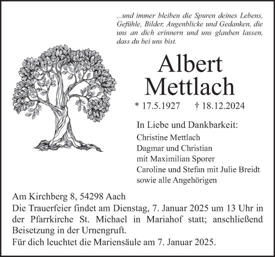 Traueranzeige von Albert Mettlach von trierischer_volksfreund