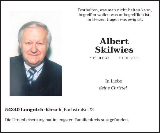 Traueranzeige von Albert Skilwies von trierischer_volksfreund