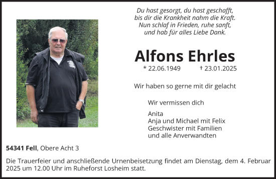 Traueranzeige von Alfons Ehrles von trierischer_volksfreund