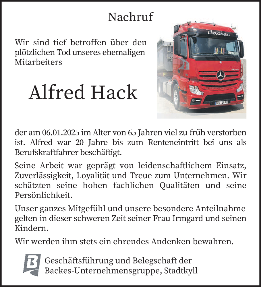  Traueranzeige für Alfred Hack vom 11.01.2025 aus trierischer_volksfreund