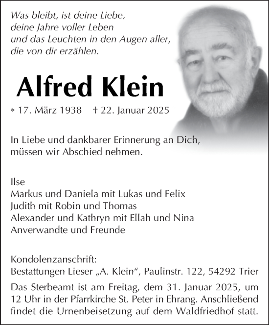 Traueranzeige von Alfred Klein von trierischer_volksfreund