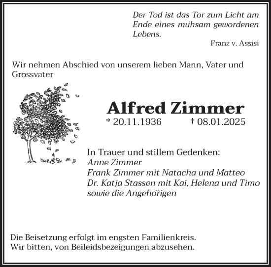 Traueranzeige von Alfred Zimmer von trierischer_volksfreund