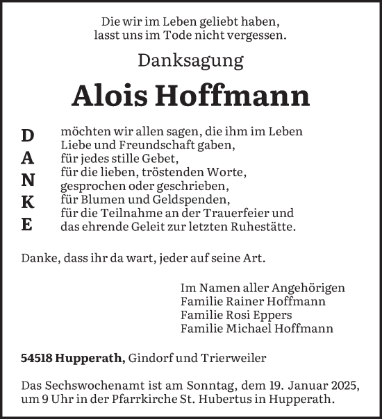 Traueranzeige von Alois Hoffmann von trierischer_volksfreund