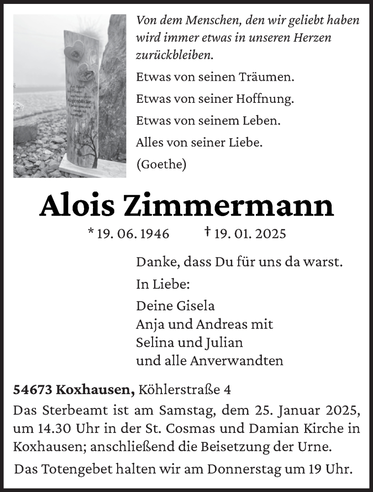  Traueranzeige für Alois Zimmermann vom 22.01.2025 aus trierischer_volksfreund