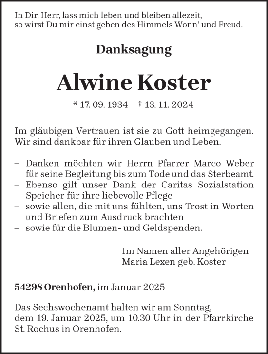 Traueranzeige von Alwine Koster von trierischer_volksfreund