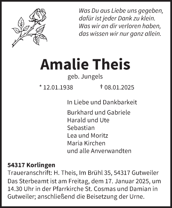 Traueranzeige von Amalie Theis von trierischer_volksfreund