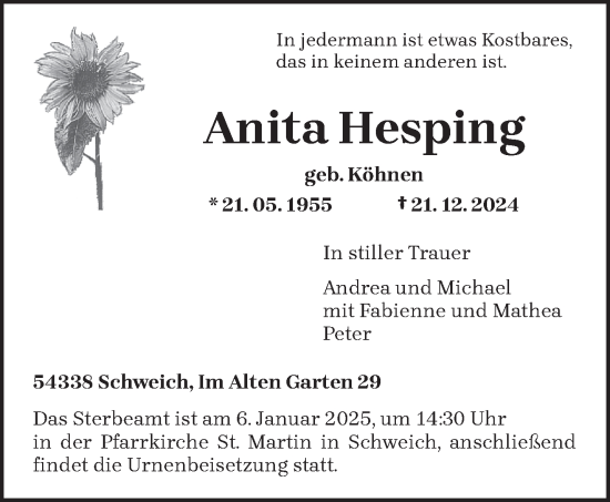 Traueranzeige von Anita Hesping von trierischer_volksfreund