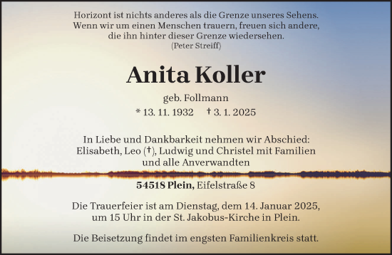 Traueranzeige von Anita Koller von trierischer_volksfreund