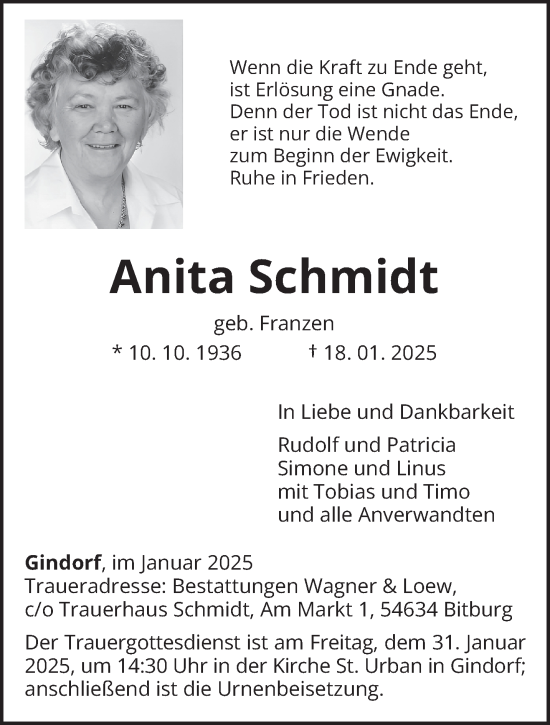 Traueranzeige von Anita Schmidt von trierischer_volksfreund