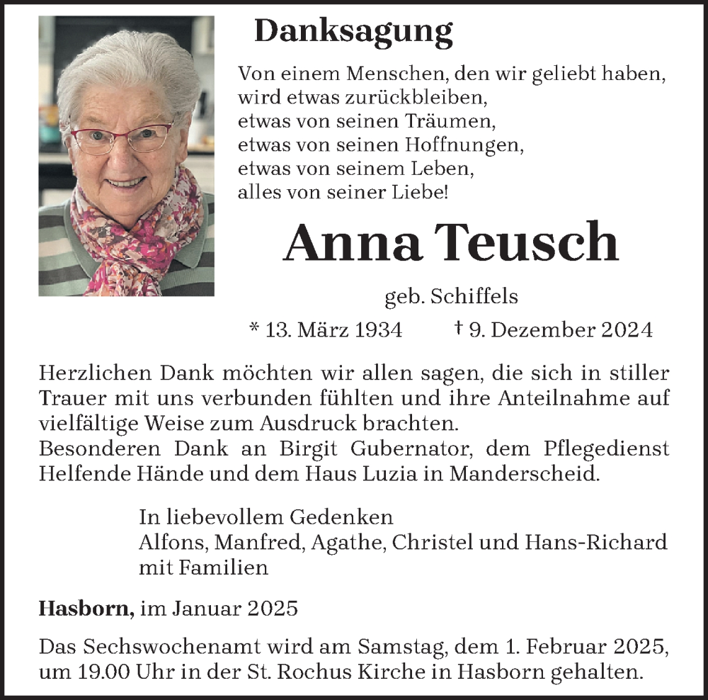  Traueranzeige für Anna Teusch vom 25.01.2025 aus trierischer_volksfreund