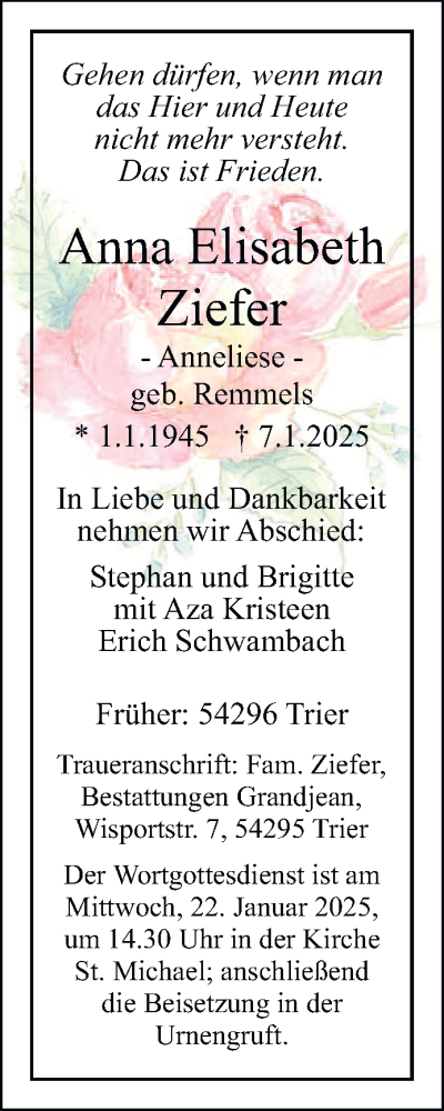 Traueranzeige von Anna Elisabeth Ziefer von trierischer_volksfreund