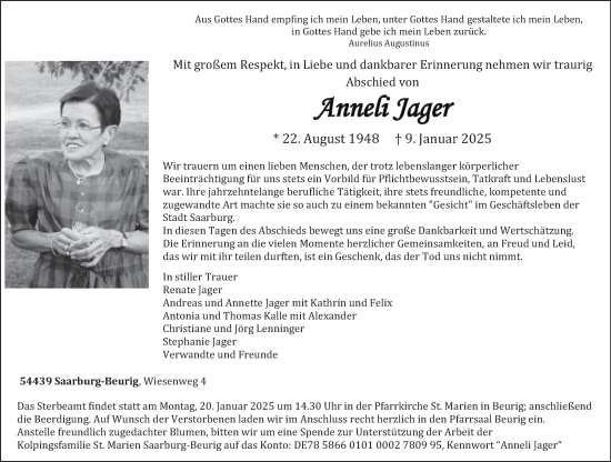 Traueranzeige von Anneli Jager von trierischer_volksfreund