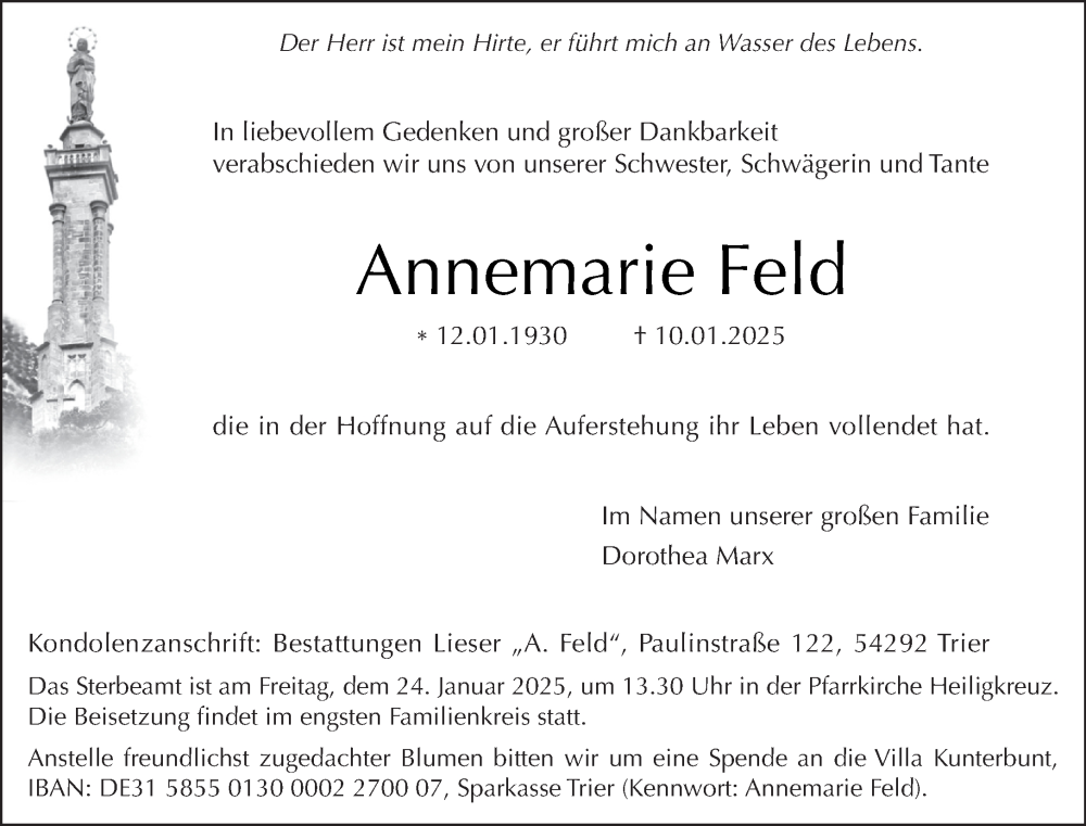  Traueranzeige für Annemarie Feld vom 18.01.2025 aus trierischer_volksfreund