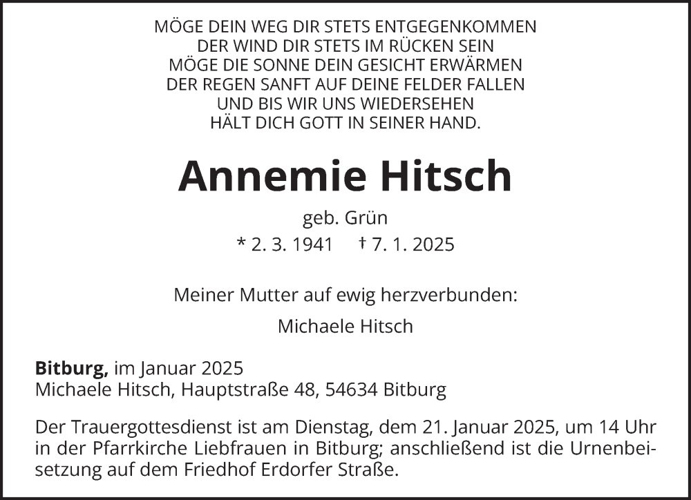  Traueranzeige für Annemie Hitsch vom 11.01.2025 aus trierischer_volksfreund