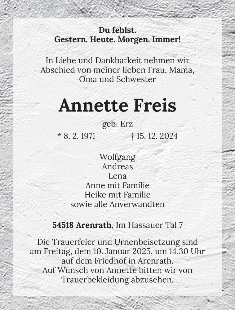  Traueranzeige für Annette Freis vom 04.01.2025 aus trierischer_volksfreund