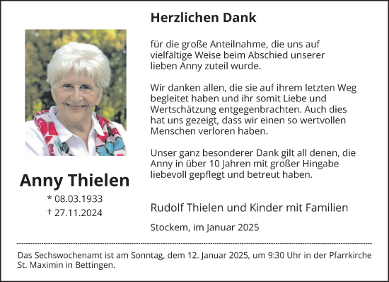 Traueranzeige von Anny Thielen von trierischer_volksfreund