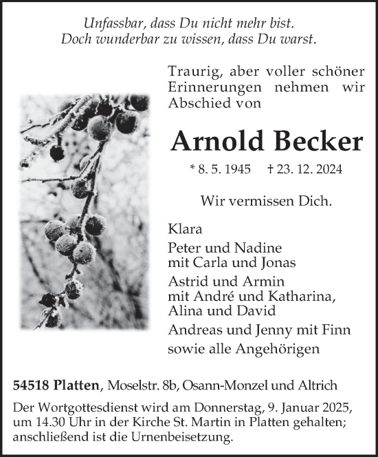 Traueranzeige von Arnold Becker von trierischer_volksfreund