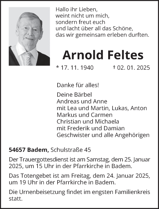 Traueranzeige von Arnold Feltes von trierischer_volksfreund