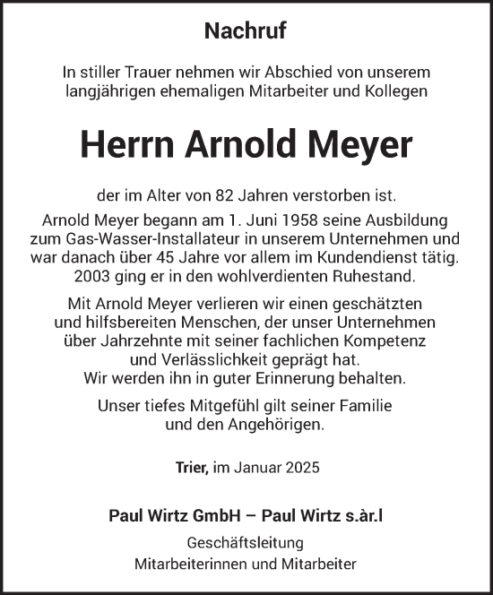 Traueranzeige von Arnold Meyer von trierischer_volksfreund