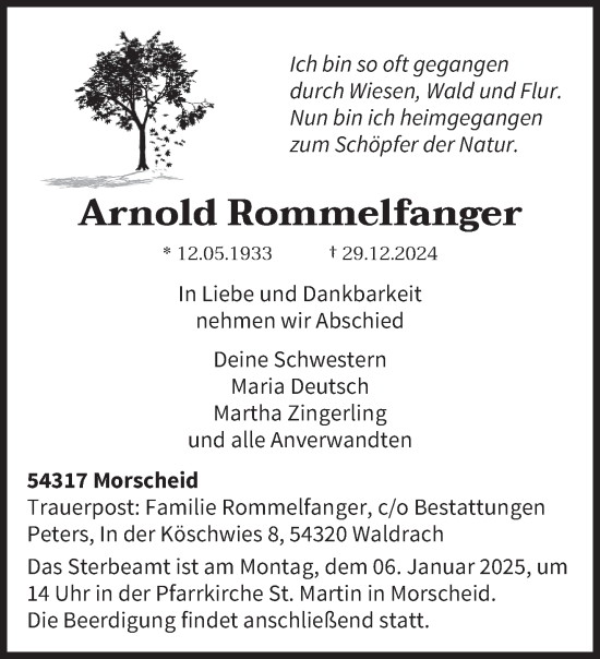 Traueranzeige von Arnold Rommelfanger von trierischer_volksfreund