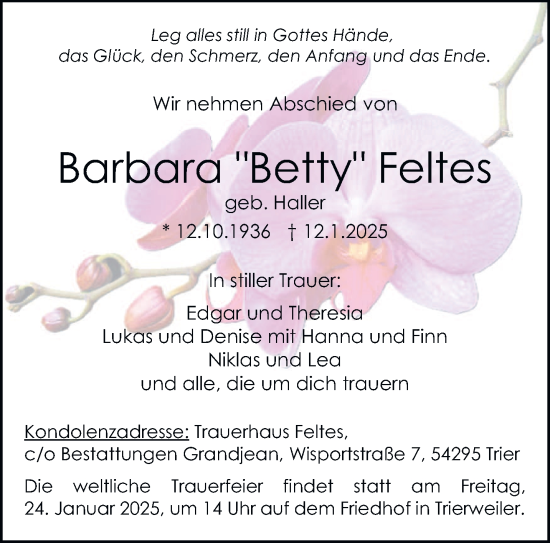 Traueranzeige von Barbara Feltes von trierischer_volksfreund