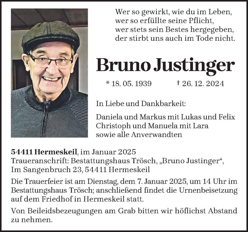  Traueranzeige für Bruno Justinger vom 03.01.2025 aus trierischer_volksfreund