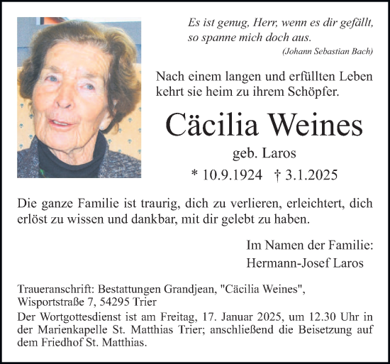 Traueranzeige von Cäcilia Weines von trierischer_volksfreund