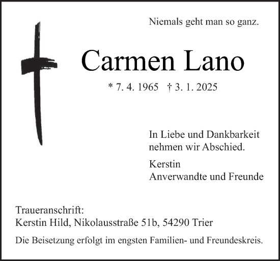 Traueranzeige von Carmen Lano von trierischer_volksfreund