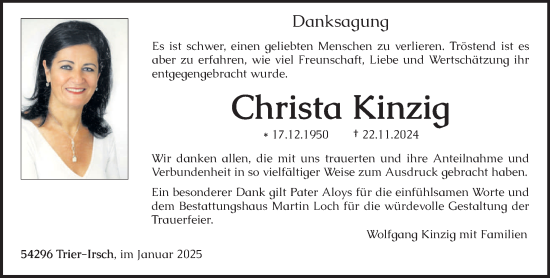 Traueranzeige von Christa Kinzig von trierischer_volksfreund