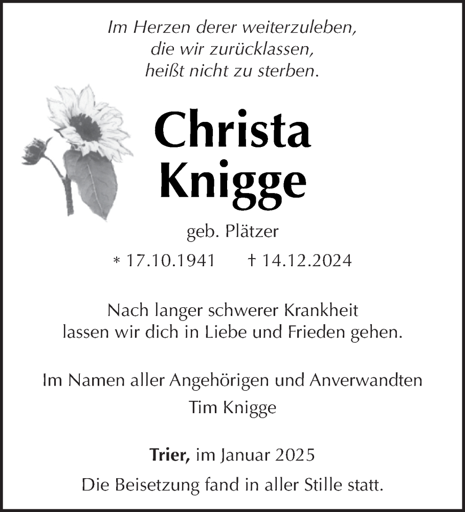  Traueranzeige für Christa Knigge vom 25.01.2025 aus trierischer_volksfreund