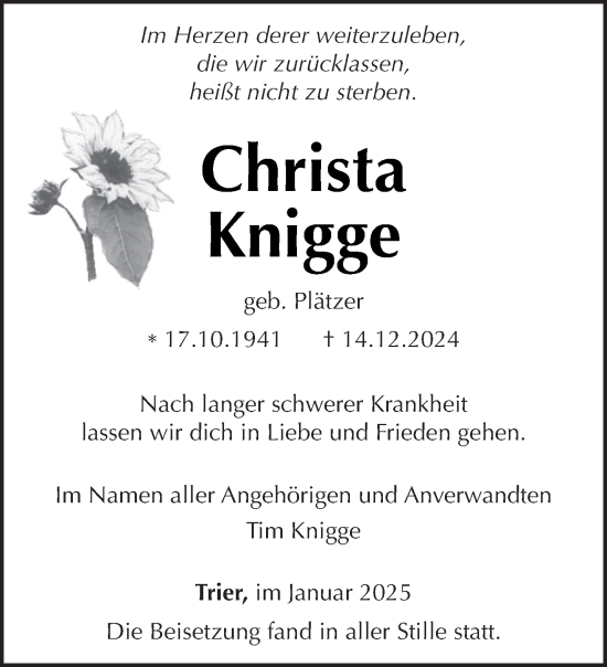 Traueranzeige von Christa Knigge von trierischer_volksfreund