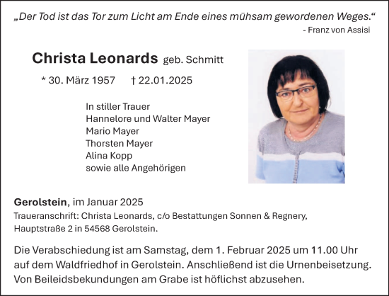 Traueranzeige von Christa Leonards von trierischer_volksfreund