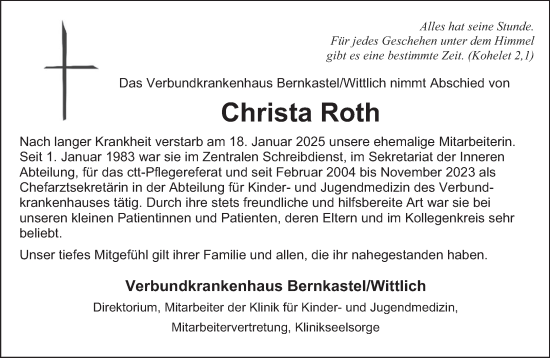 Traueranzeige von Christa Roth von trierischer_volksfreund