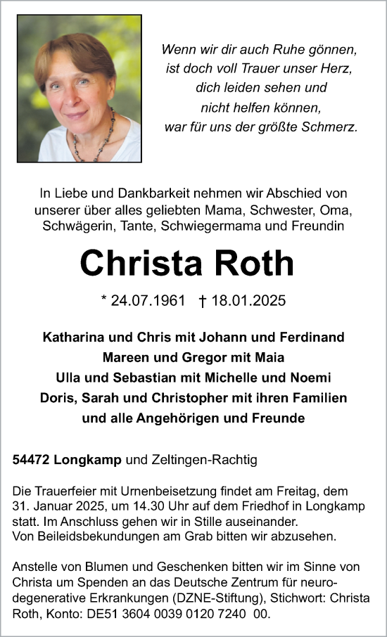 Traueranzeige von Christa Roth von trierischer_volksfreund