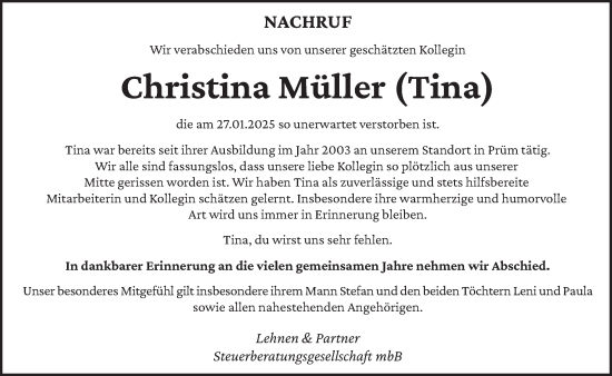 Traueranzeige von Christina Müller von trierischer_volksfreund