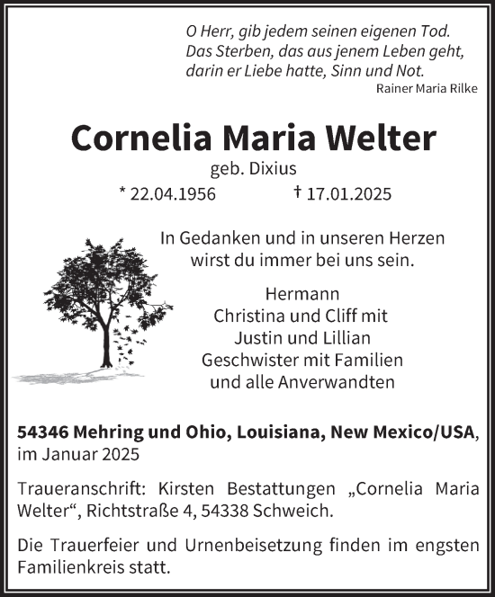 Traueranzeige von Cornelia Maria Welter von trierischer_volksfreund